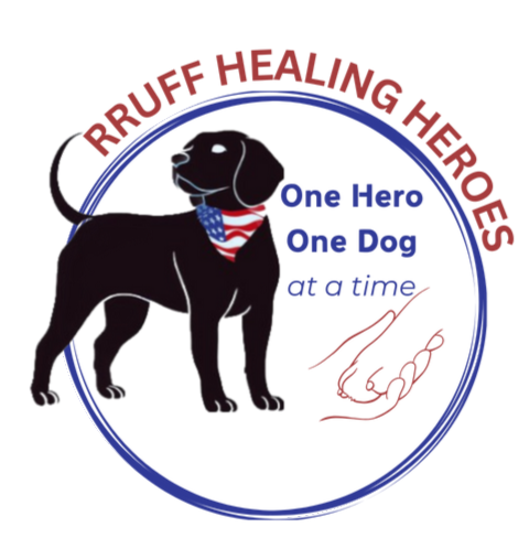 Black dog with an American flag bandana within a circular logo for 