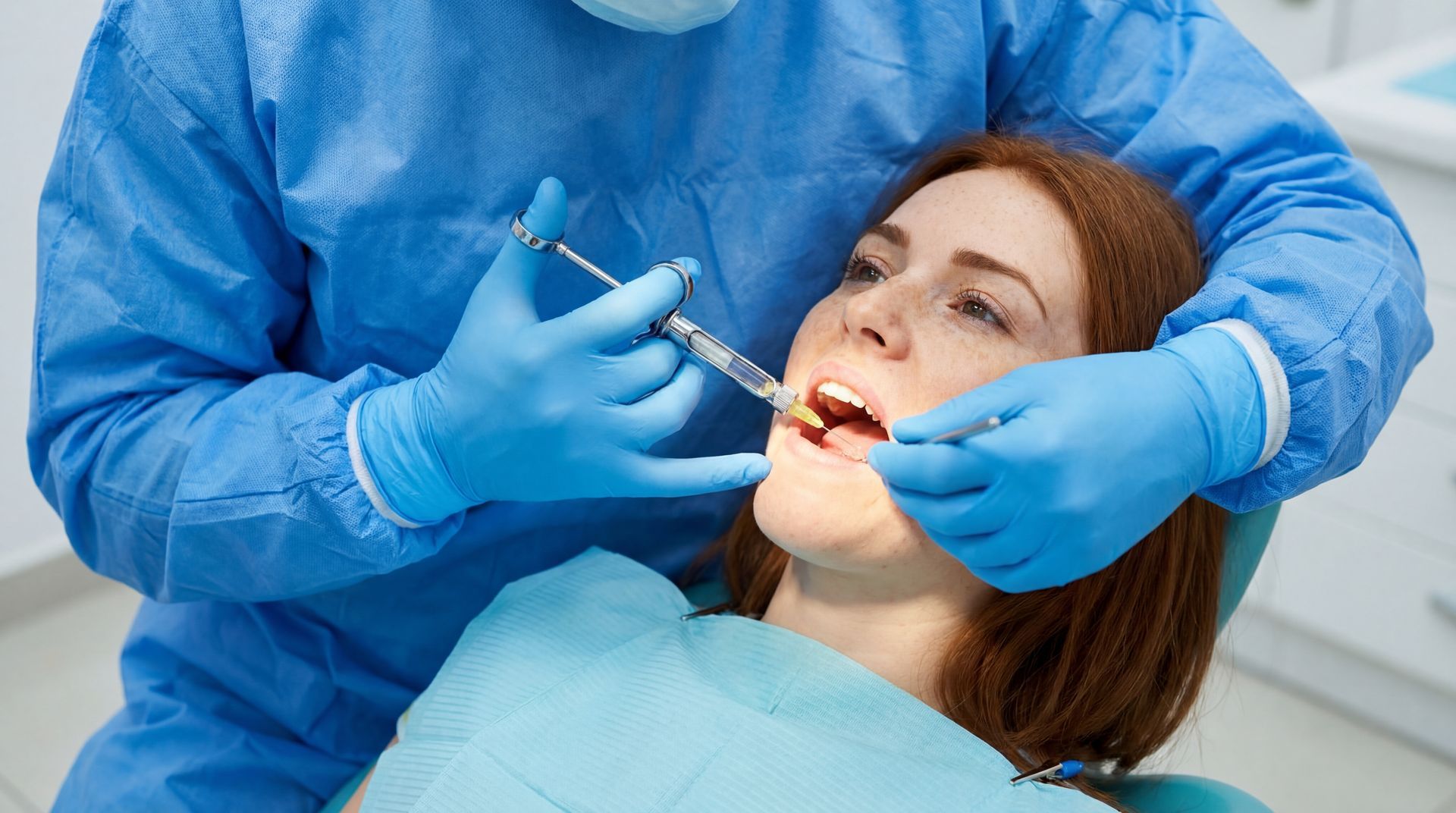 Dentist in blue uniform giving a local anesthesia injection to a female patient in a dental chair. Dentist in blue uniform giving a local anesthesia injection to a female patient in a dental chair.