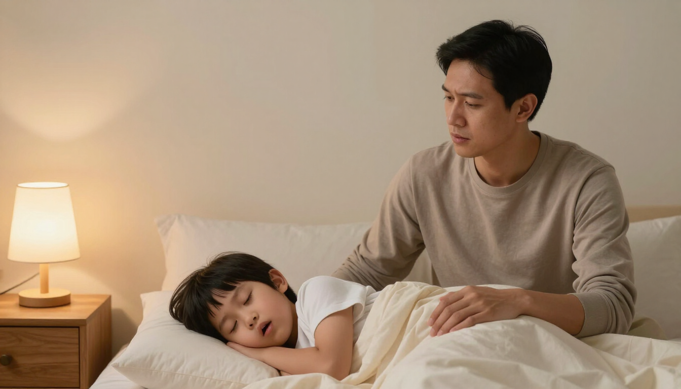 Father watching his sleeping child, who is breathing with their mouth open