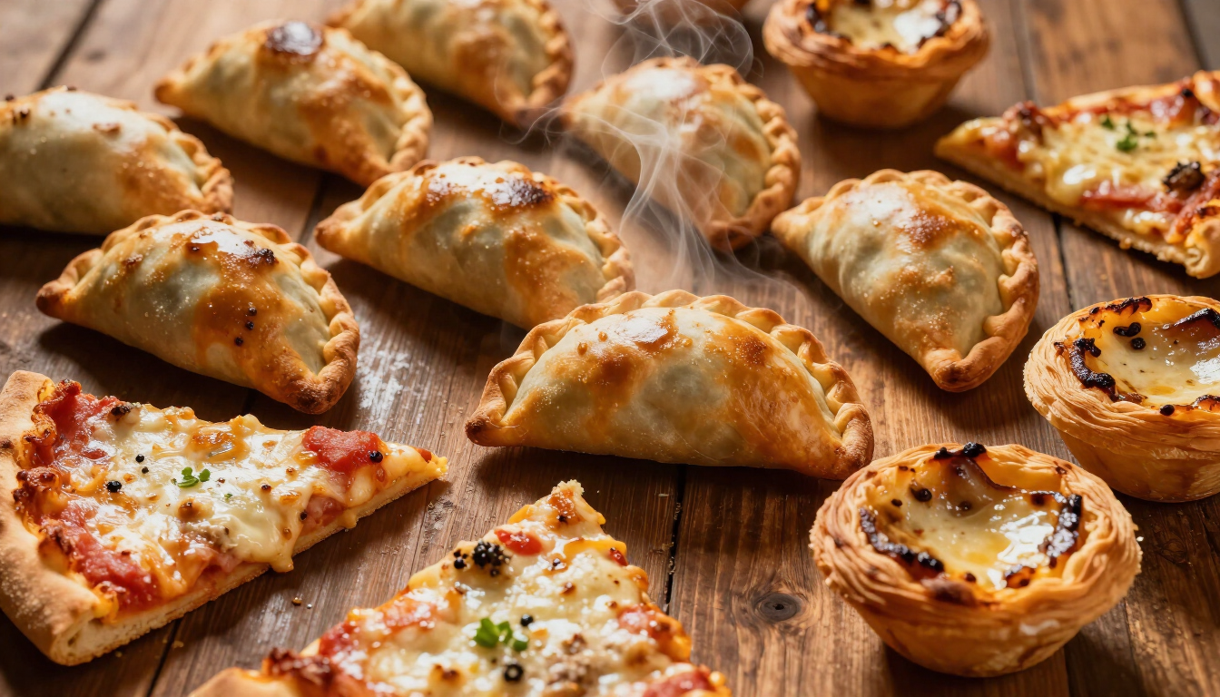 Variedad de empanadas horneadas y mini pizzas humeantes sobre una mesa de madera.