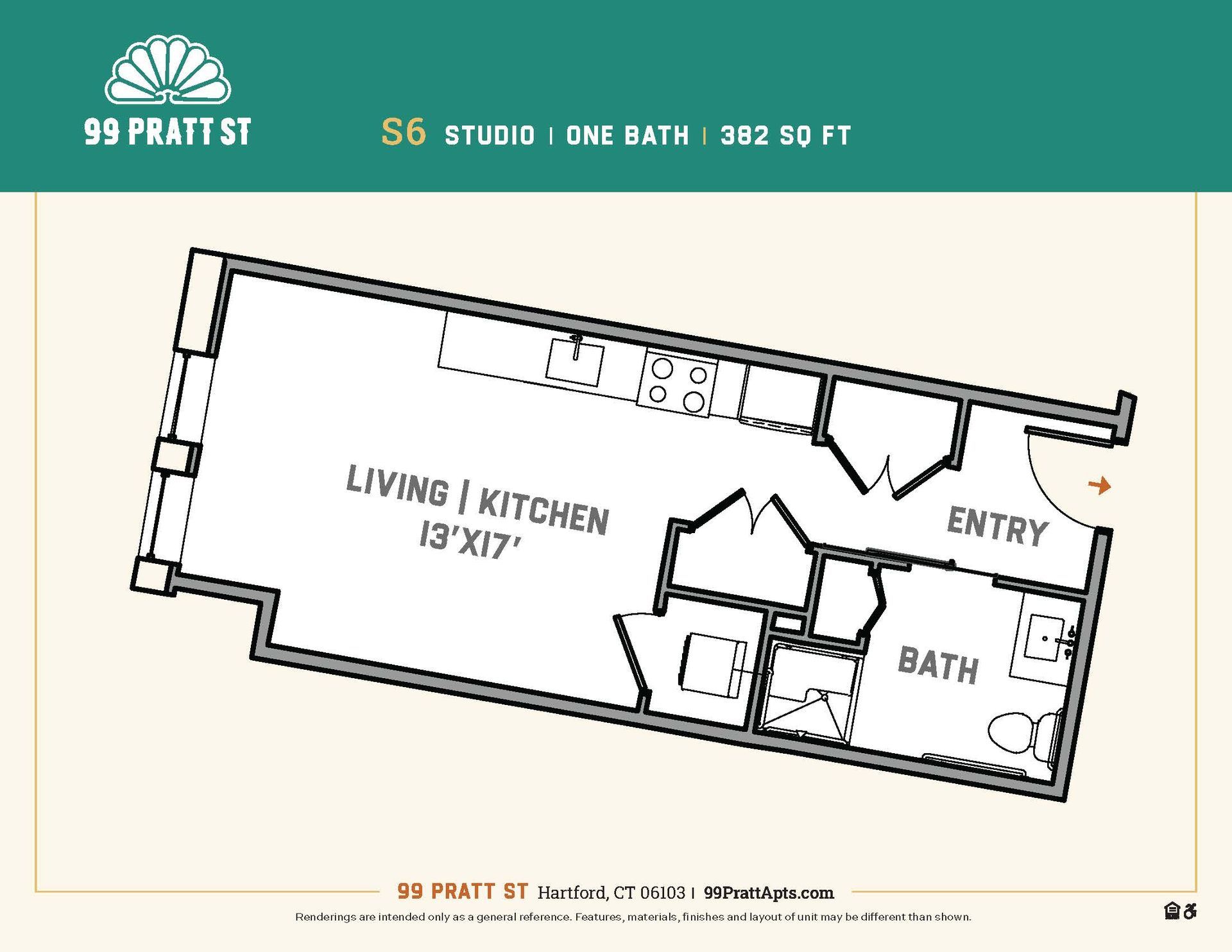 A black and white floor plan of a studio apartment