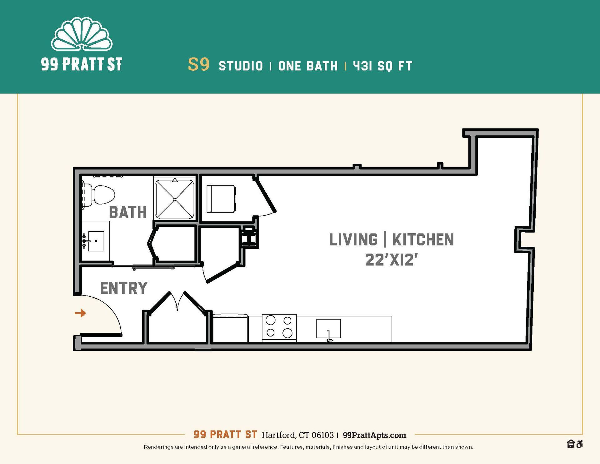 A floor plan of a studio apartment at 99 prati st