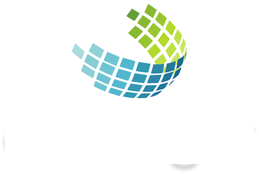 Abstract blue and green tiled globe logo on a white background