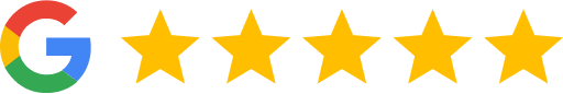 Google logo with five yellow stars in a rating row