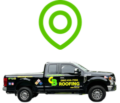 Black roofing service pickup truck with green logo and contact info under a green location pin icon