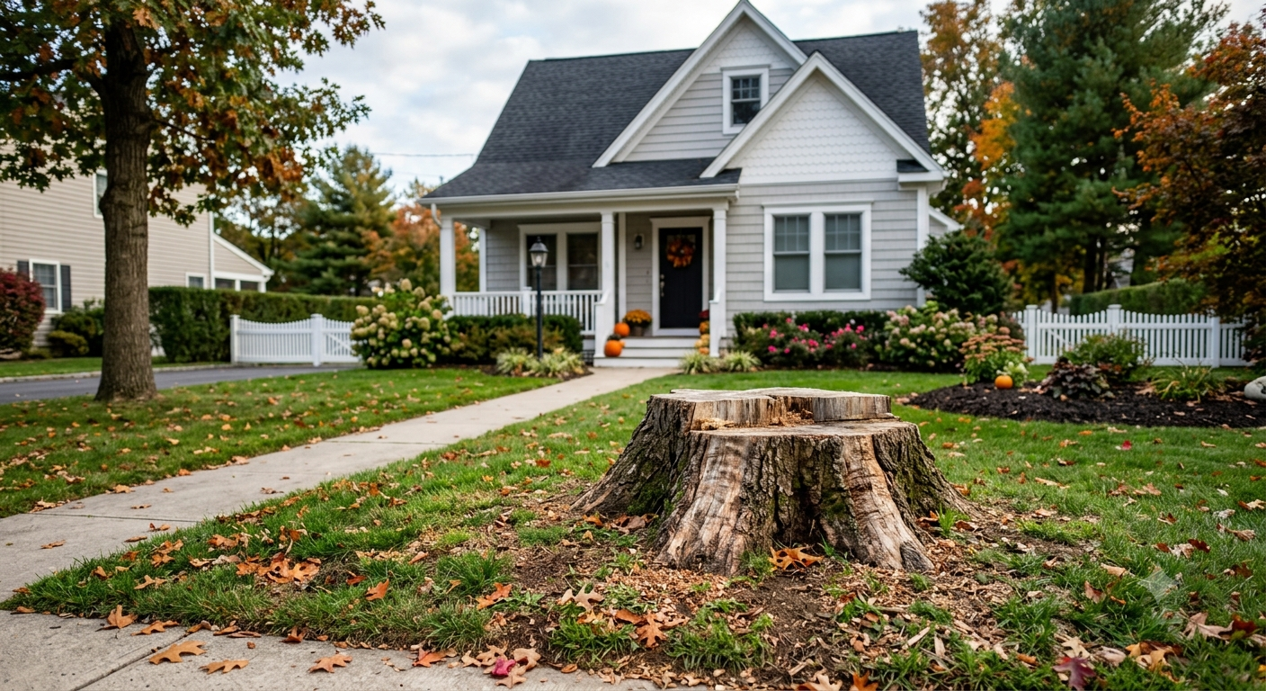 Suburban house with a large tree stump in the front yard and autumn leaves scattered on the lawn.