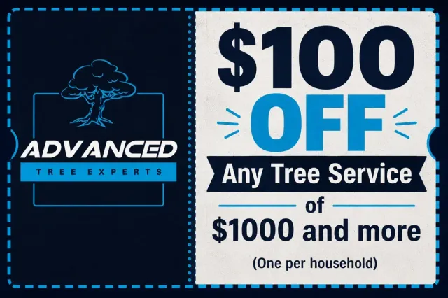 Advanced Tree Experts coupon: $100 off any tree service of $1000 and more.