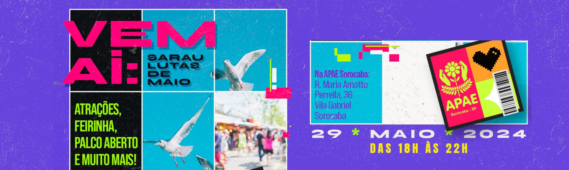 Sarau Lutas de Maio 2024 - APAE Sorocaba • Vem aí o Sarau Lutas de Maio 2024 •
Mais uma edição do nosso Sarau está chegando e queremos que você já anote na sua agenda para não perder, hein!
• Dia 29 de Maio Das 18h às 22h
• Na APAE Sorocaba: Rua Maria Amatto Perrella, 36 -
Vila Gabriel
Spoiler: Teremos atrações, feirinha de exposição, palco aberto e muito mais!
Atenção: as inscrições para o palco aberto já estão rolando! Faça já a sua pelo link na nossa bio!