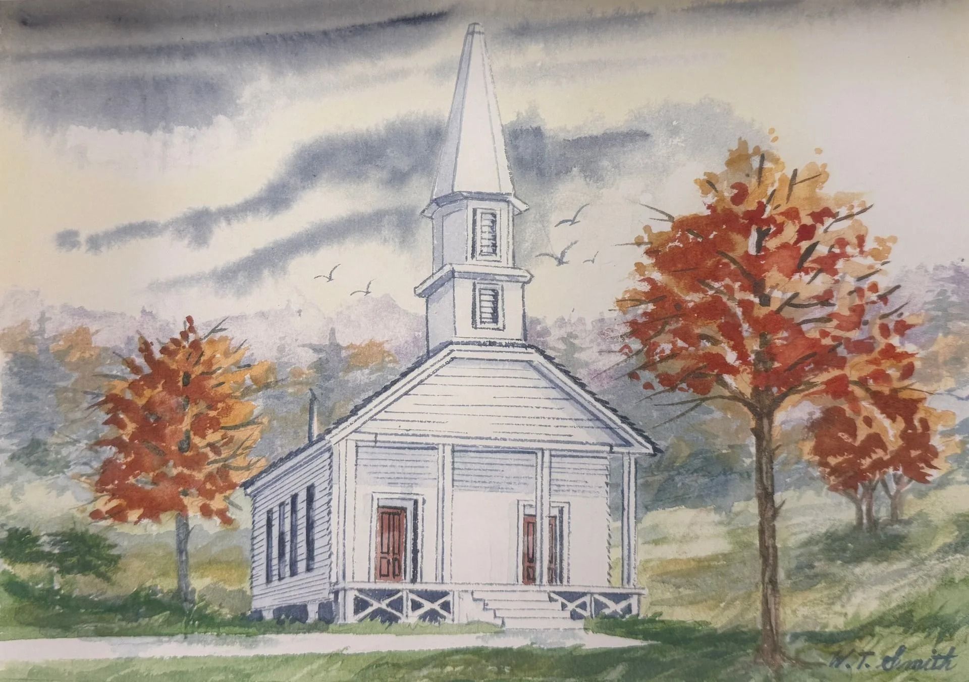 Watercolor of a white church with a tall steeple, framed by autumn trees under a cloudy sky.