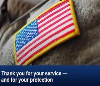 An american flag on a soldier 's uniform with the words thank you for your service and for your protection