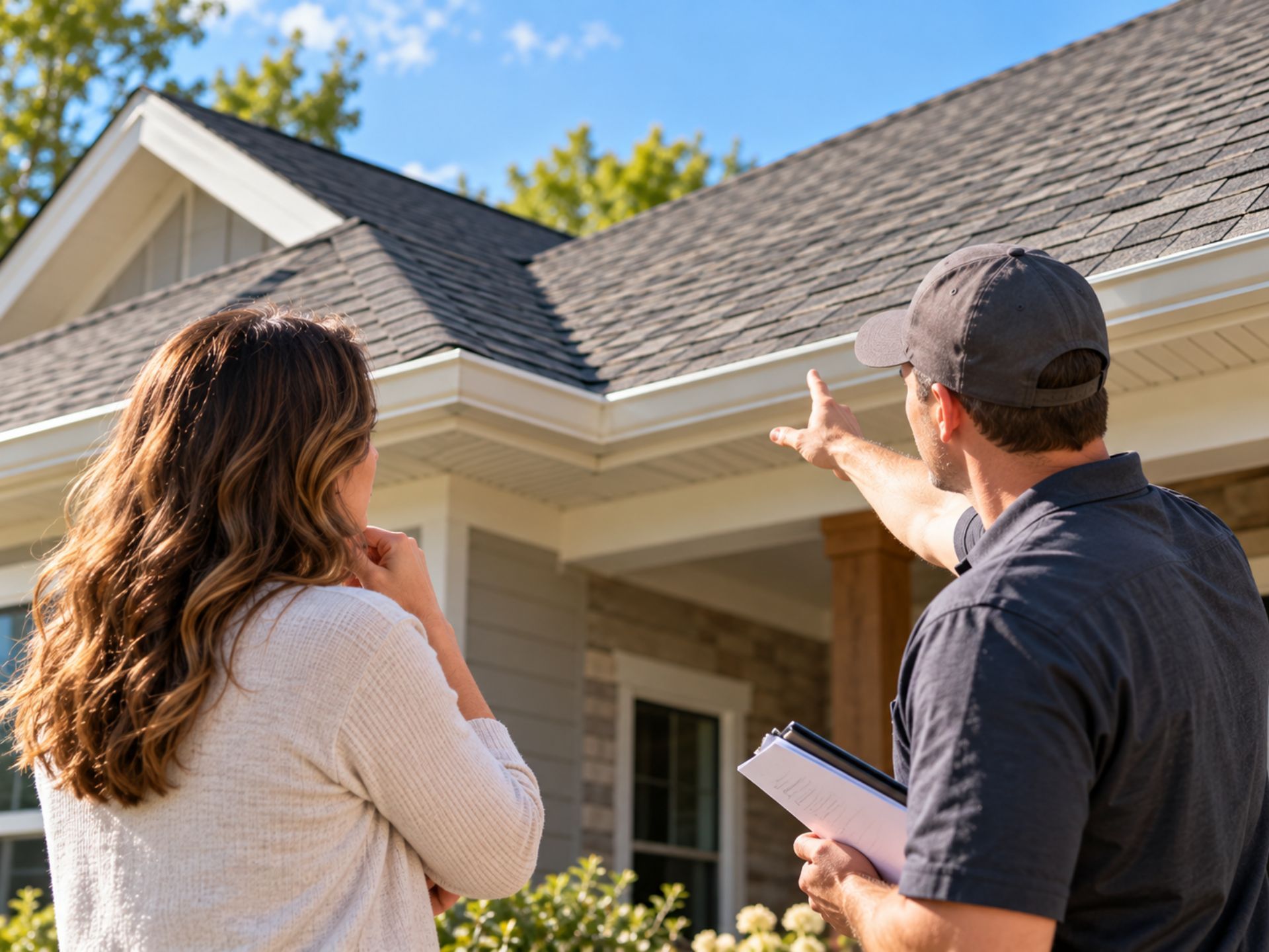 Two people inspect a house roof, one pointing upward and one holding a clipboard.