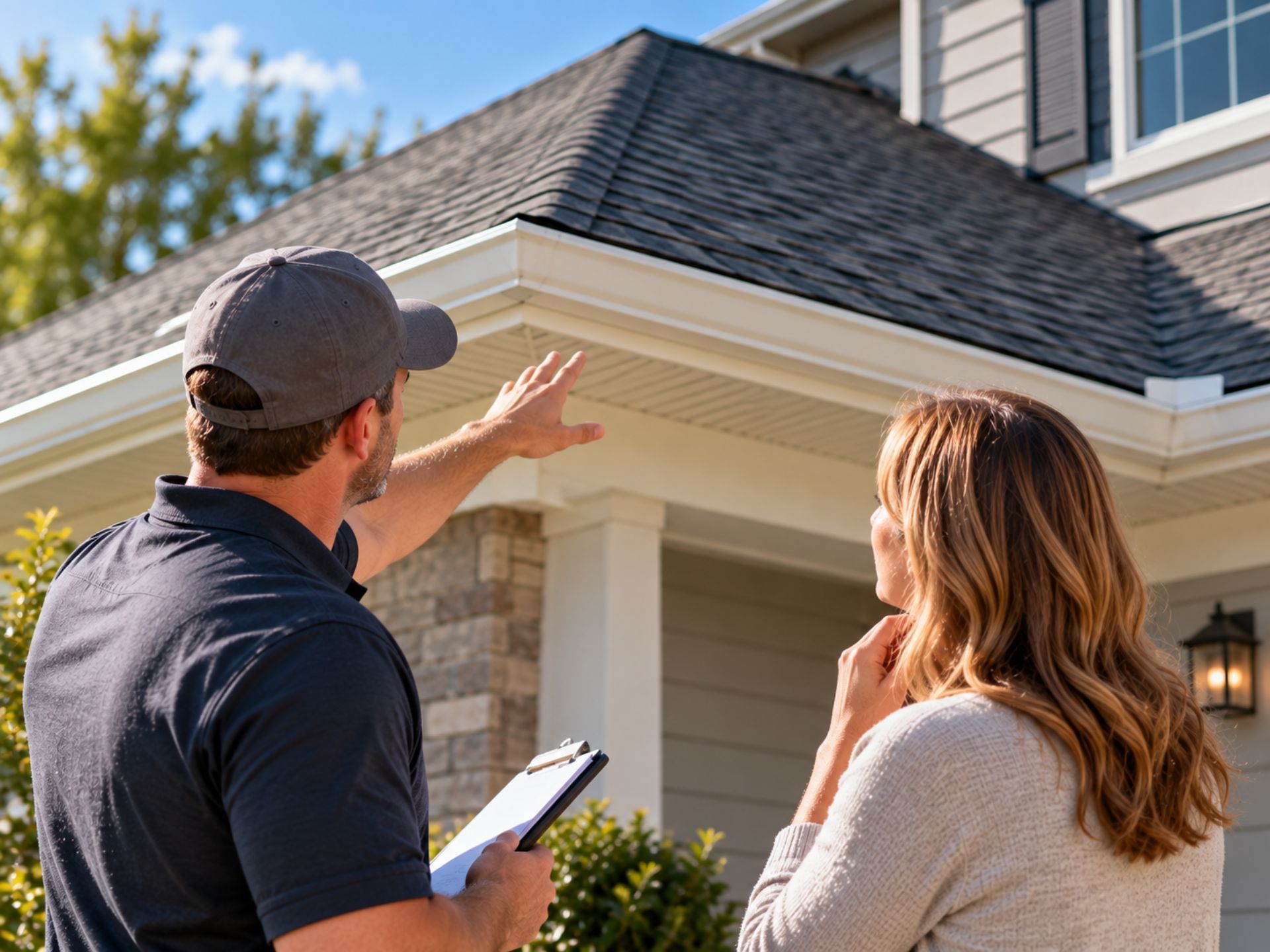 insurance and roof installation Two people examining a house exterior and roofline, one holding a clipboard and pointing upward