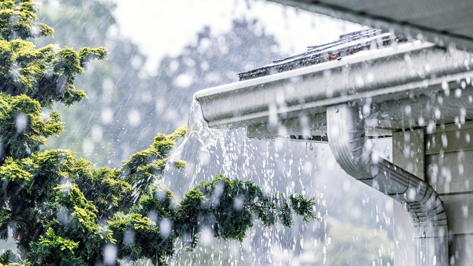 what do rain gutters do Rain is falling from the gutters of a house.