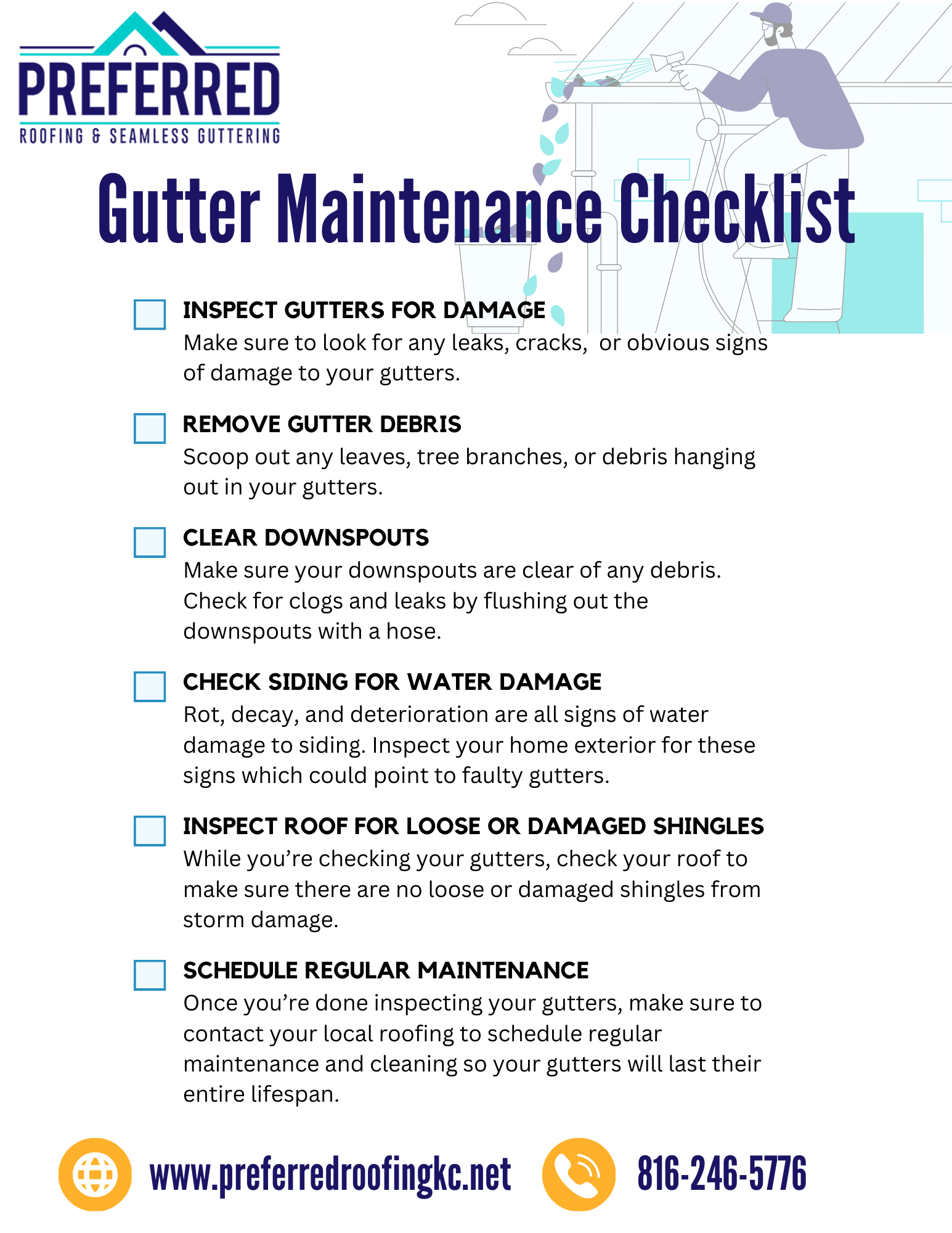 gutter checklist A checklist for gutter maintenance is shown on a white background.