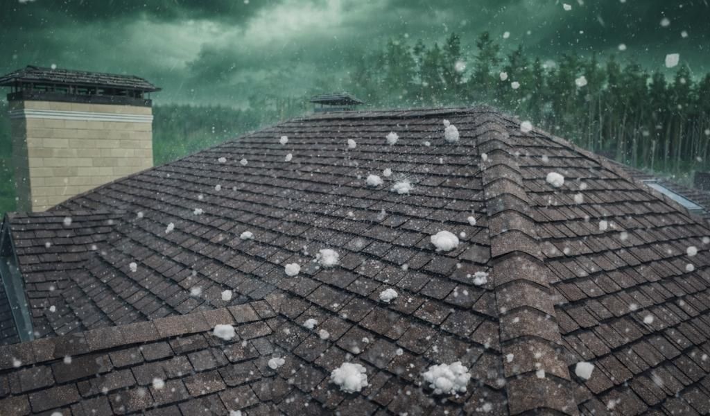 Hail accumulating on a brown shingled roof during a storm, with a brick chimney and treeline in the background.
