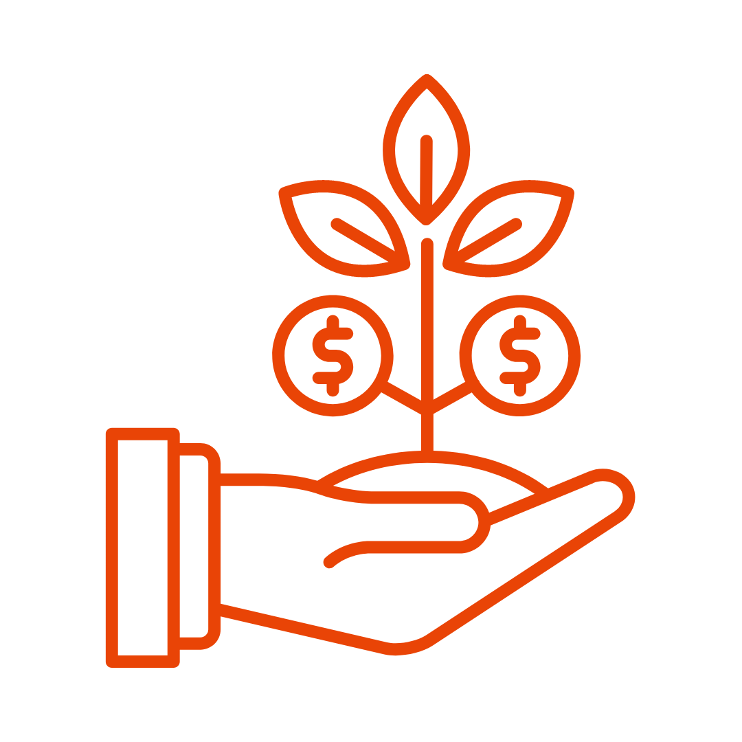 A hand is holding a plant with coins growing out of it.