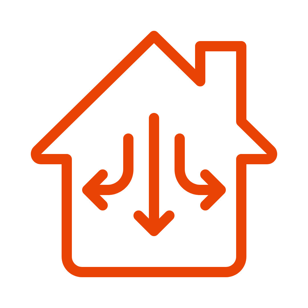An icon of a house with three arrows pointing in opposite directions.