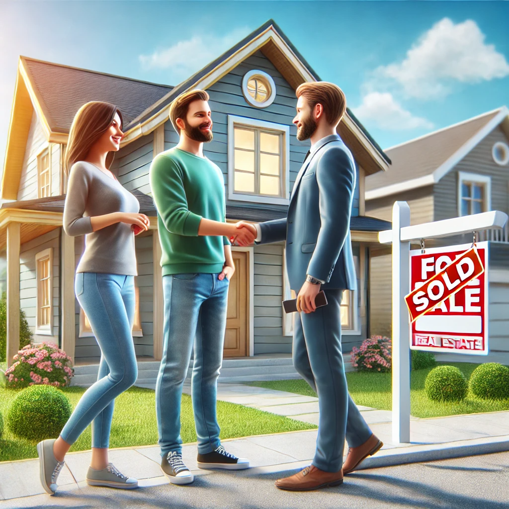A man is shaking hands with a woman in front of a house that is for sale.