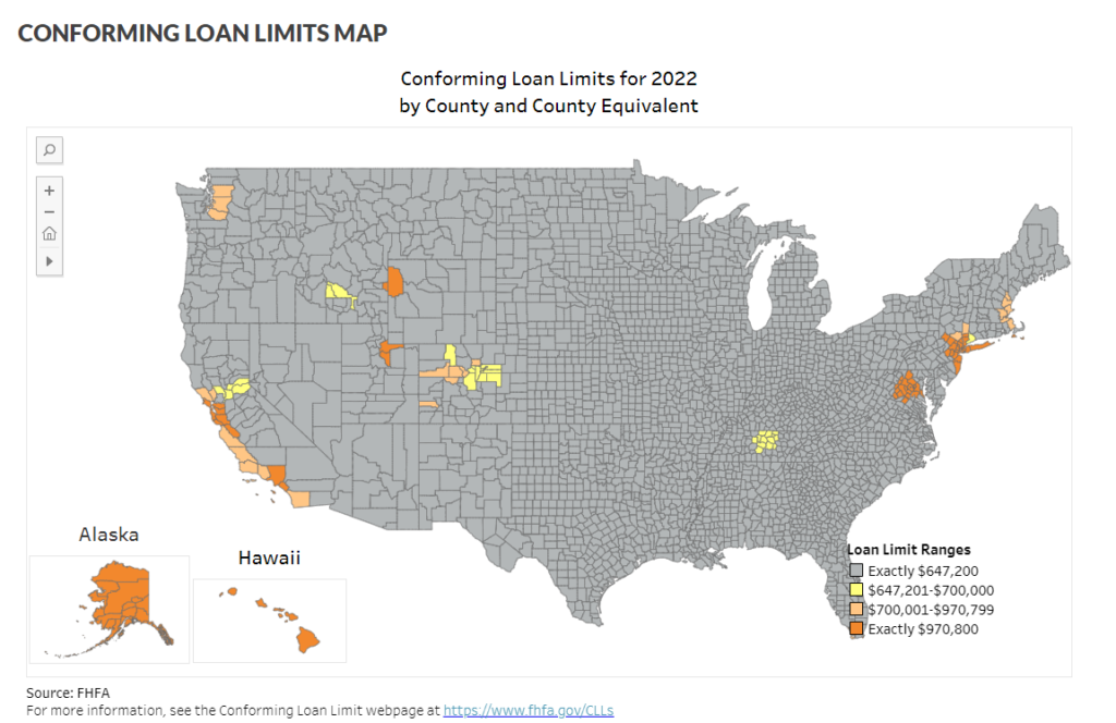A map of the united states showing the conforming loan limits.
