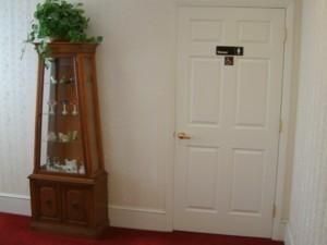 White interior door beside a tall wooden display cabinet with glass shelves and a potted plant on top