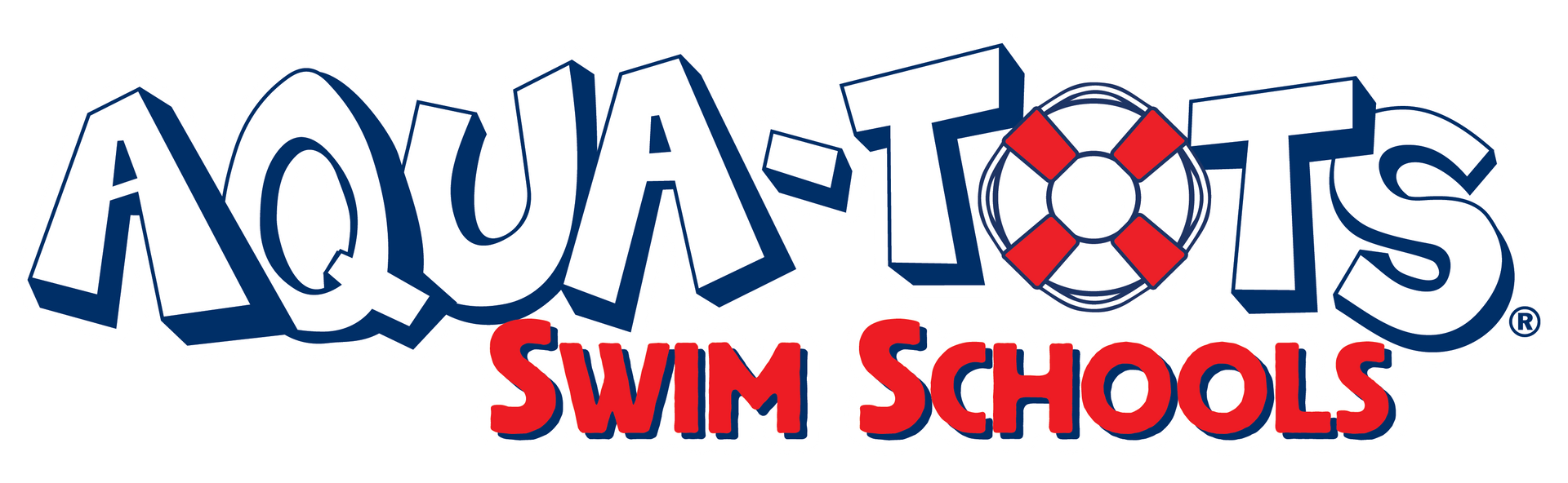 Aqua-Tots Swim Schools logo with blue and white lettering, and red life preserver. Red