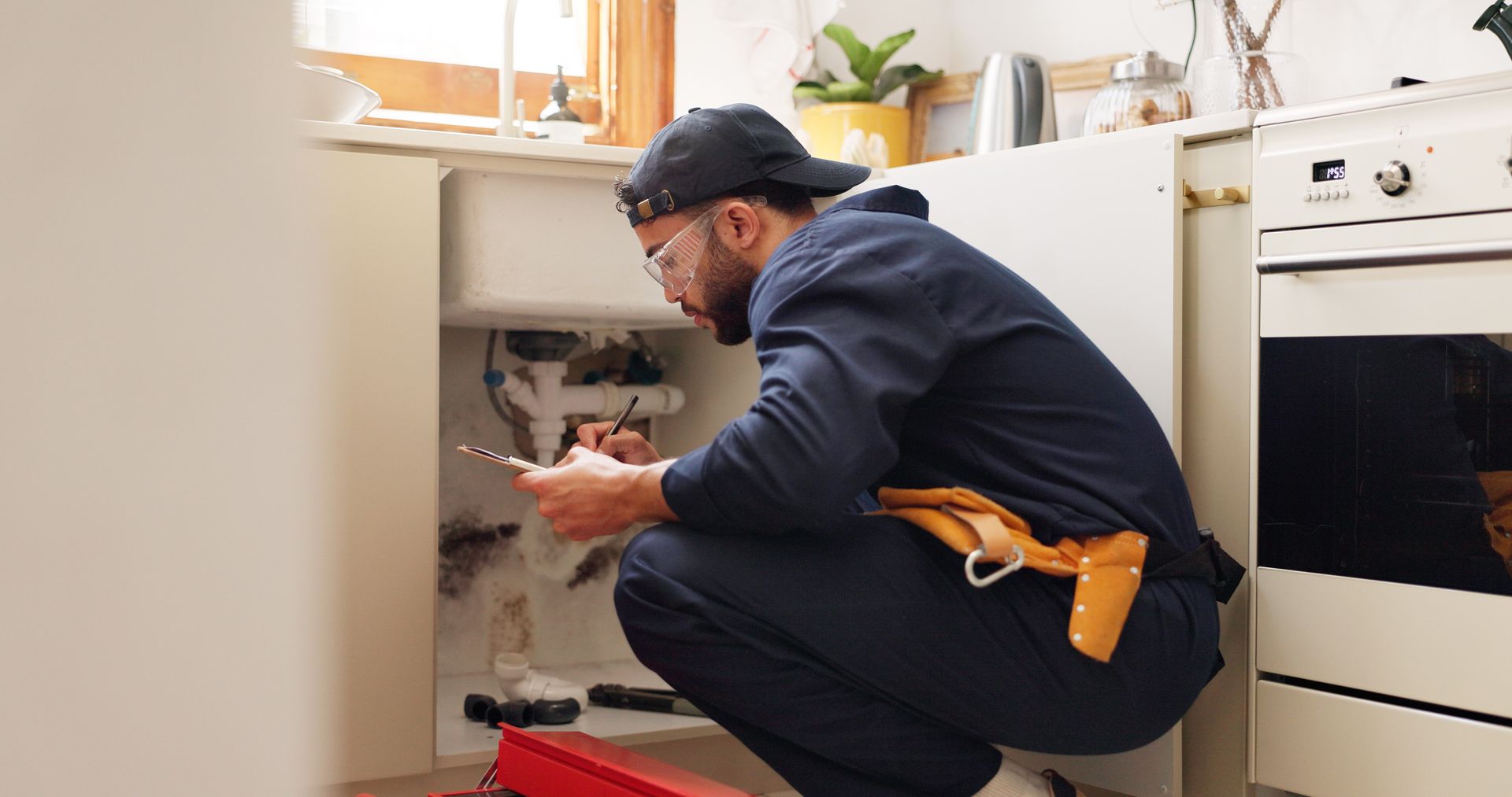 Plumber examining pipes under a kitchen sink, using a smartphone.
