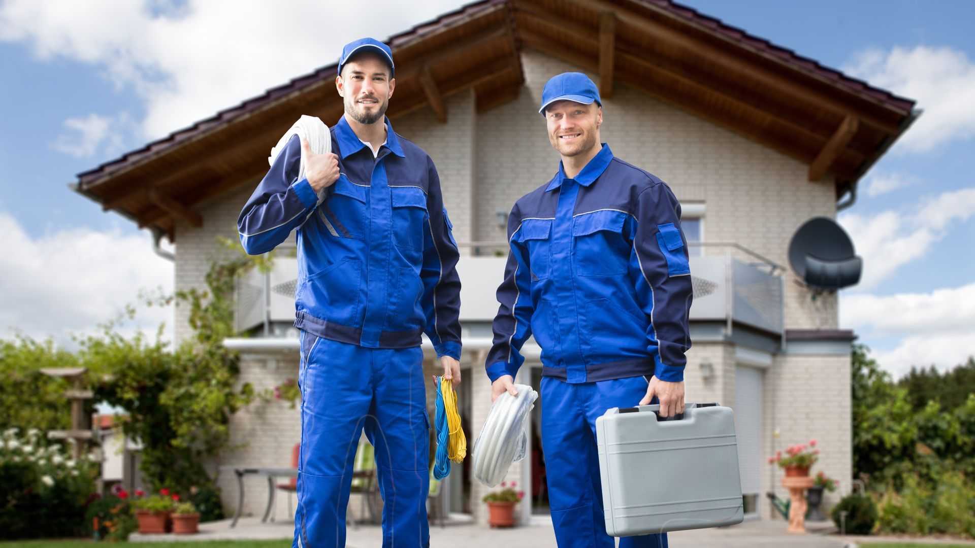Two workers in blue uniforms stand in front of a house, one holding tools, the other a white cloth.