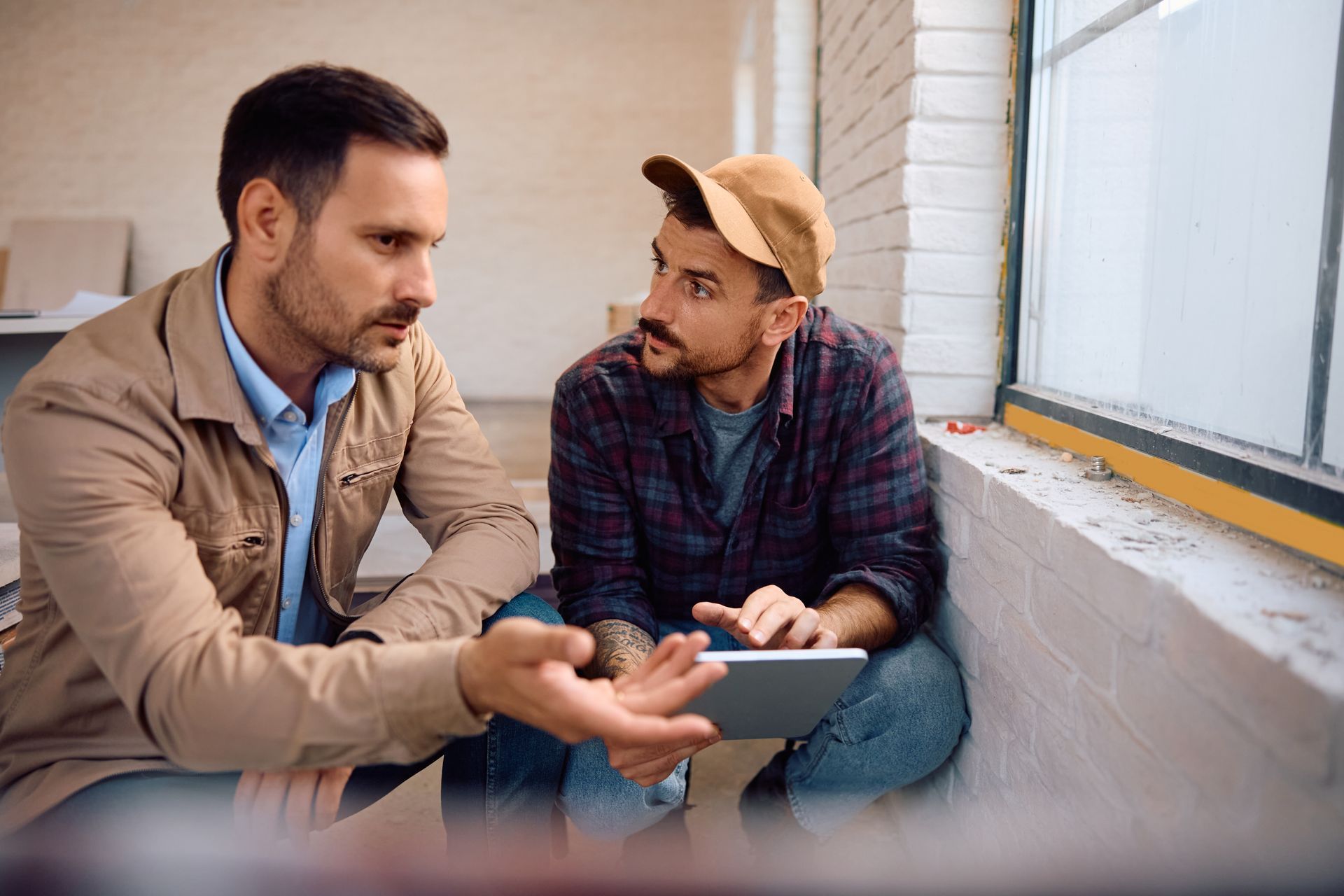 Two men discussing plans at a construction site, one holding a tablet.
