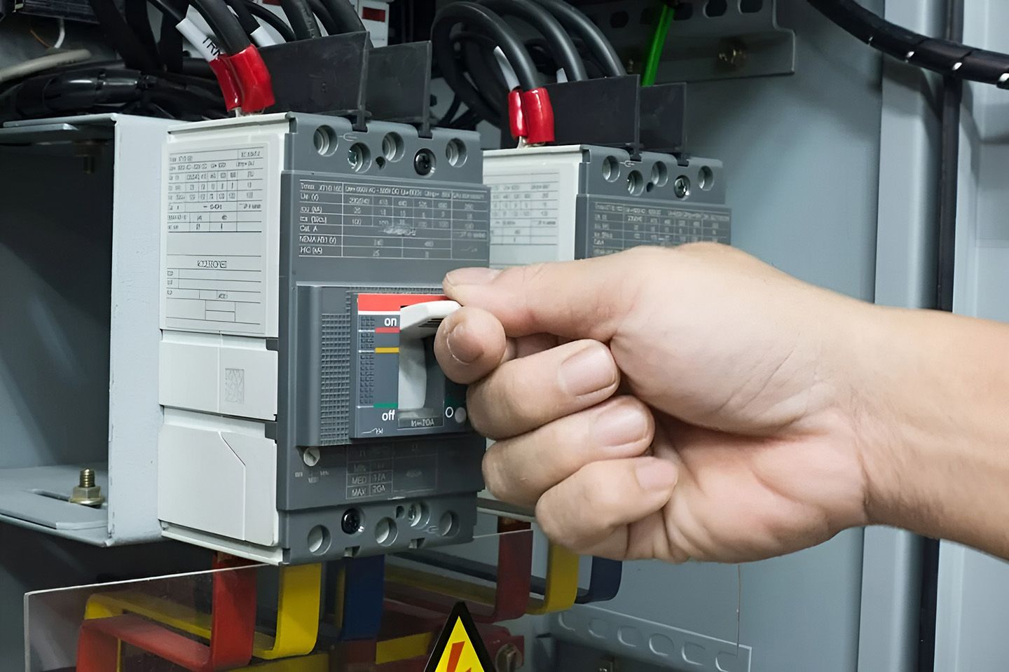 Hand Switching Circuit Breaker Inside Electrical Switchboard