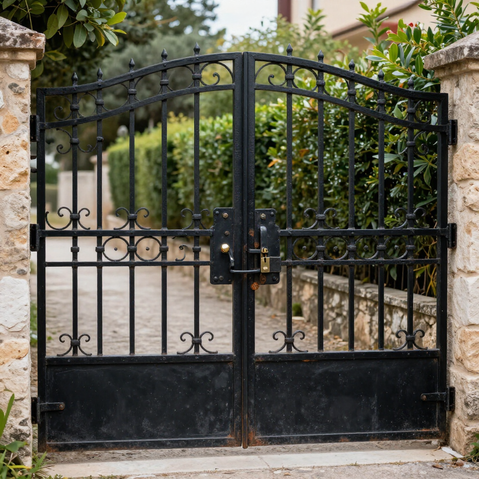 Cancello da giardino in ferro battuto nero con pilastri in pietra, chiuso all'ingresso di un vialetto residenziale.