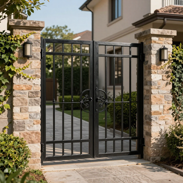 Cancello in ferro battuto nero tra pilastri in pietra all'ingresso di una casa, con vialetto pavimentato e giardino.