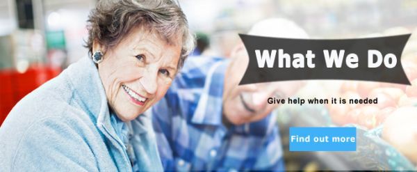 Smiling elderly woman, with a text box that reads