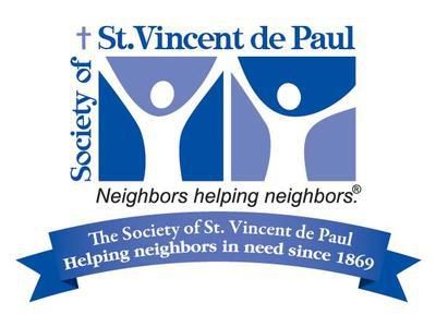 Logo of St. Vincent de Paul: Blue figures with outstretched arms, text