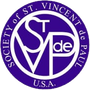 Logo for the Society of St. Vincent de Paul, a white design on a purple background with text and letters.
