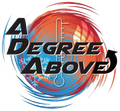 Logo for "A Degree Above" HVAC company, with a thermometer over swirling blue/red backgrounds and an arrow.