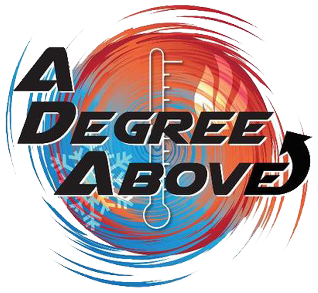 Logo for "A Degree Above" HVAC company, with a thermometer over swirling blue/red backgrounds and an arrow.