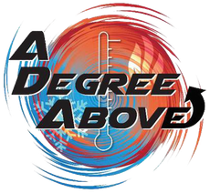 Logo for "A Degree Above" HVAC company, with a thermometer over swirling blue/red backgrounds and an arrow.