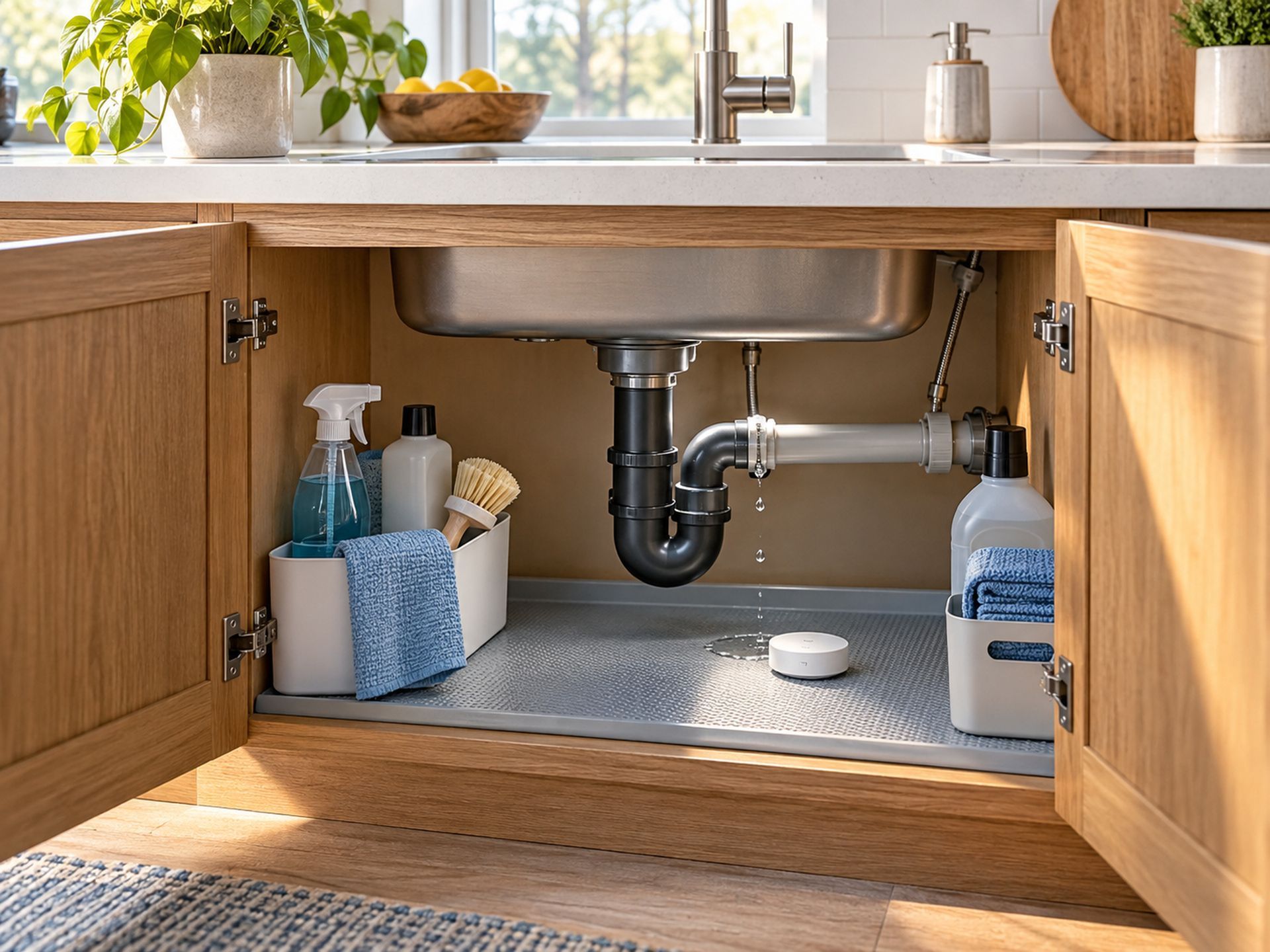 Open kitchen sink cabinet with cleaning supplies and exposed plumbing under a stainless sink