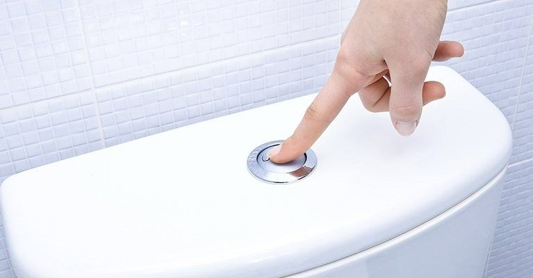 Hand Pressing Chrome Flush Button On White Toilet Tank — David Talbot Plumbing in Cranbrook, QLD