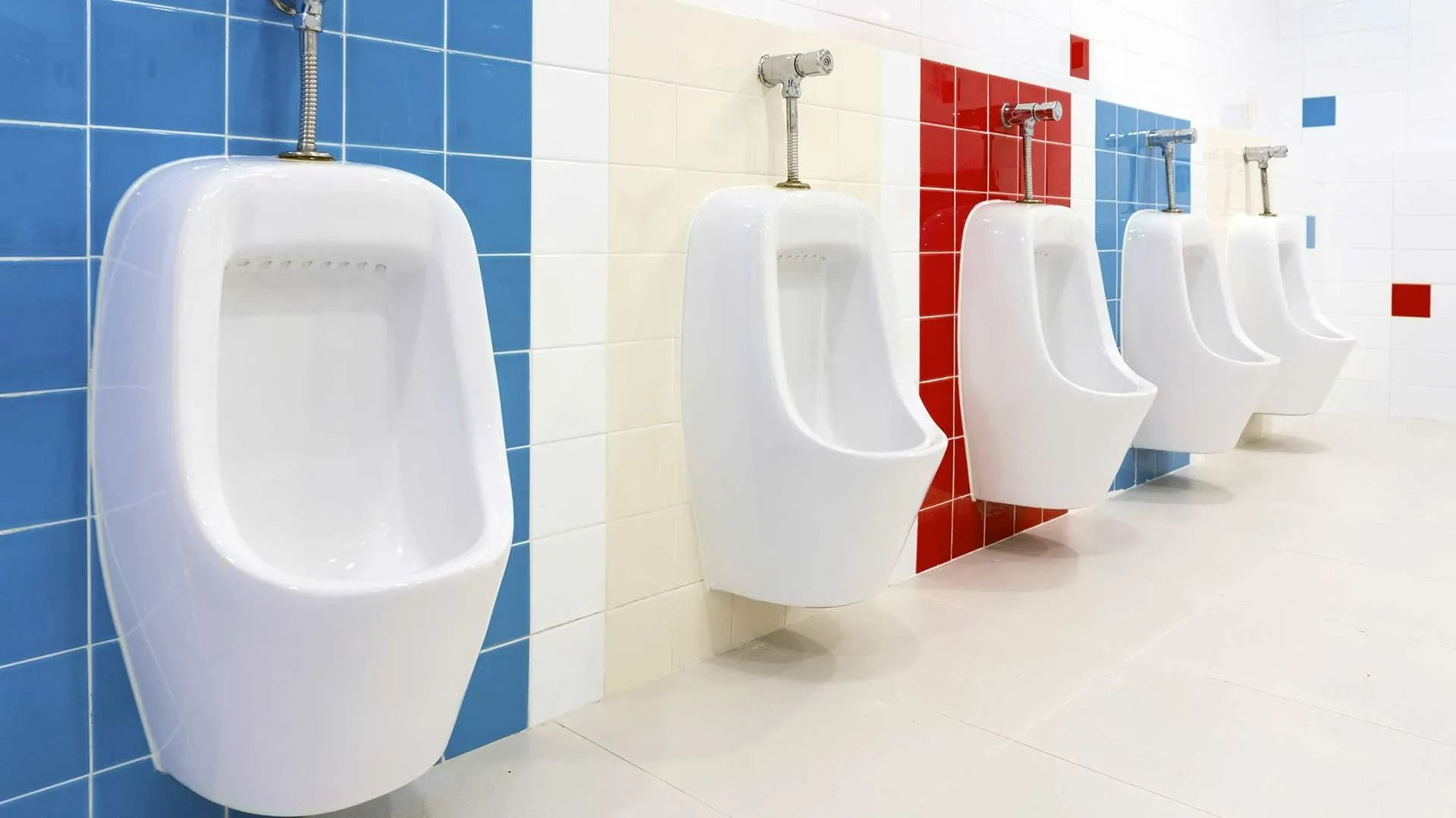 Row Of White Urinals Against Blue Red And White Tiled Wall In Public Restroom — David Talbot Plumbing in Cranbrook, QLD