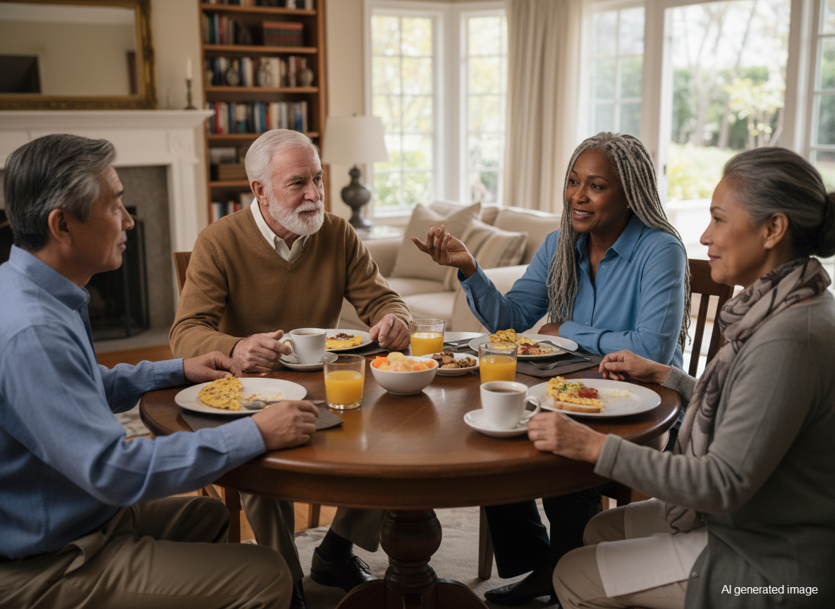 Four people share coffee and breakfast at a round table in a bright dining room.