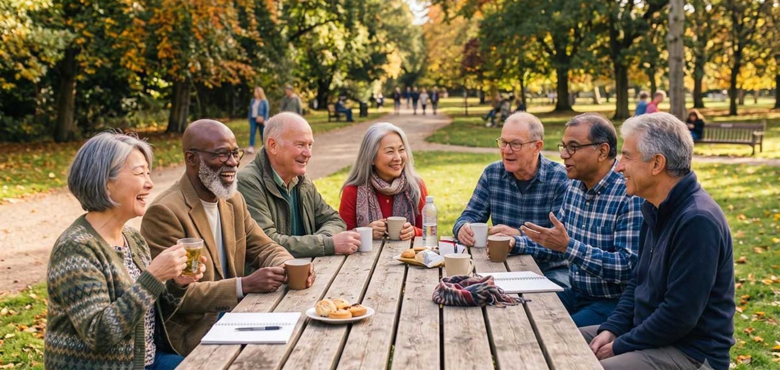 Group of older adults laughing and chatting over coffee at a park picnic table