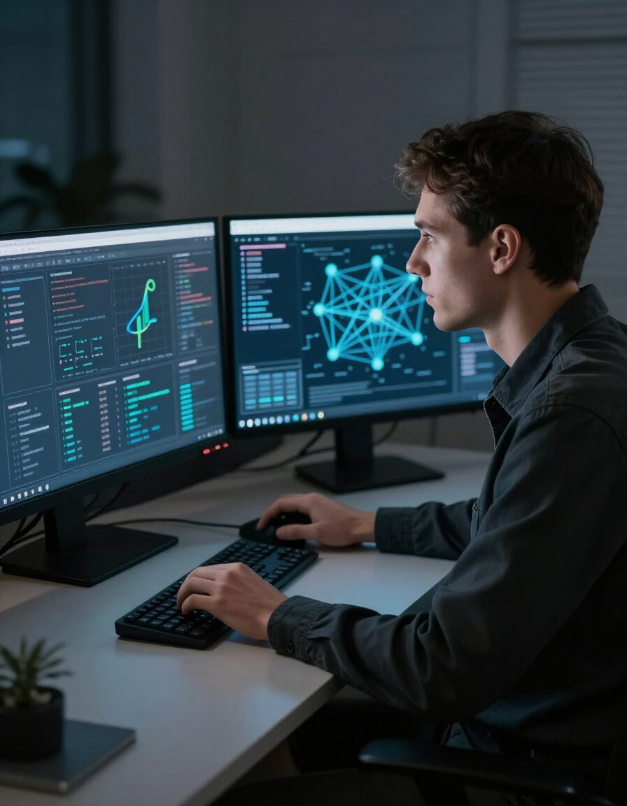 Cybersecurity analyst reviewing threat dashboards at night