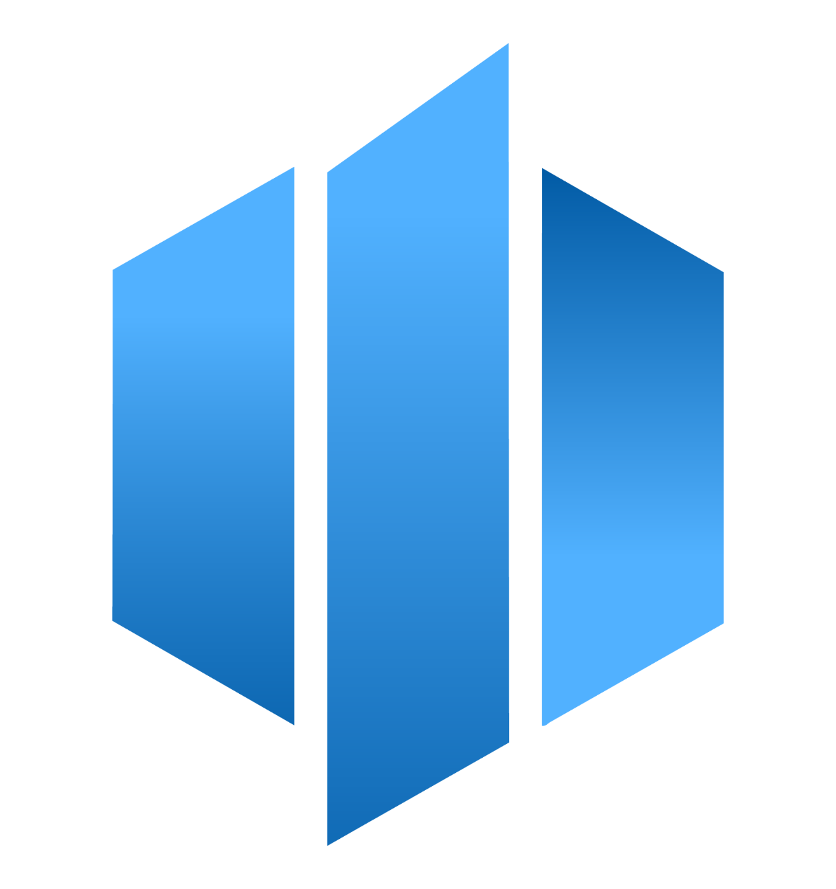 Blue geometric logo of three vertical hexagon-like bars with white gaps