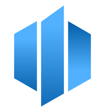 Blue geometric logo with three vertical hexagon-like bars on a white background
