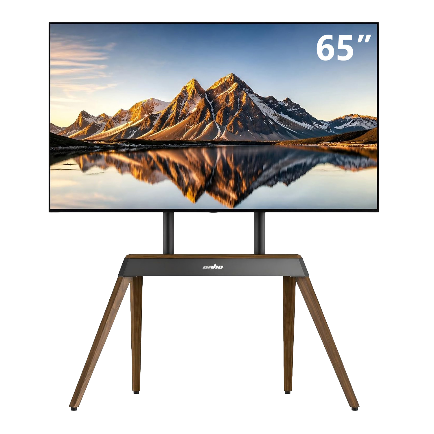 65-inch TV display showing a mountain landscape on a wooden stand with tripod legs