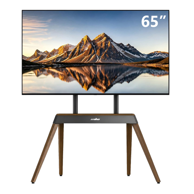 65-inch TV on a wooden tripod stand displaying a mountain lake landscape
