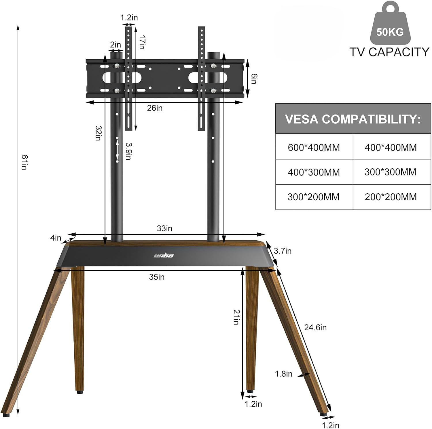 65-inch TV display showing a mountain landscape on a wooden stand with tripod legs