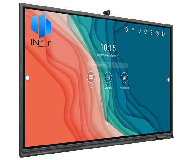 Large wall-mounted touchscreen display showing a colorful abstract interface with app icons and time.