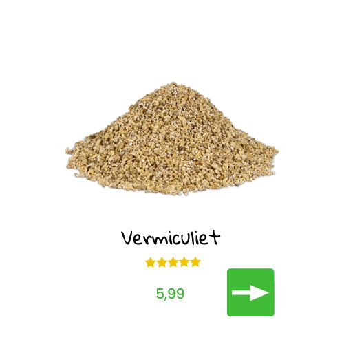Een productvermelding voor vermiculiet met een stapel van het materiaal, een vijfsterrenbeoordeling, de prijs 6,99 en een groene pijlknop.